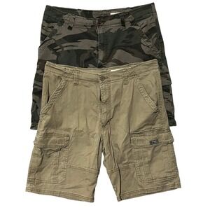 Wrangler Mens Cargo Shorts Bundle 2 Pair Khaki Tan and Camo Size 36 Utility